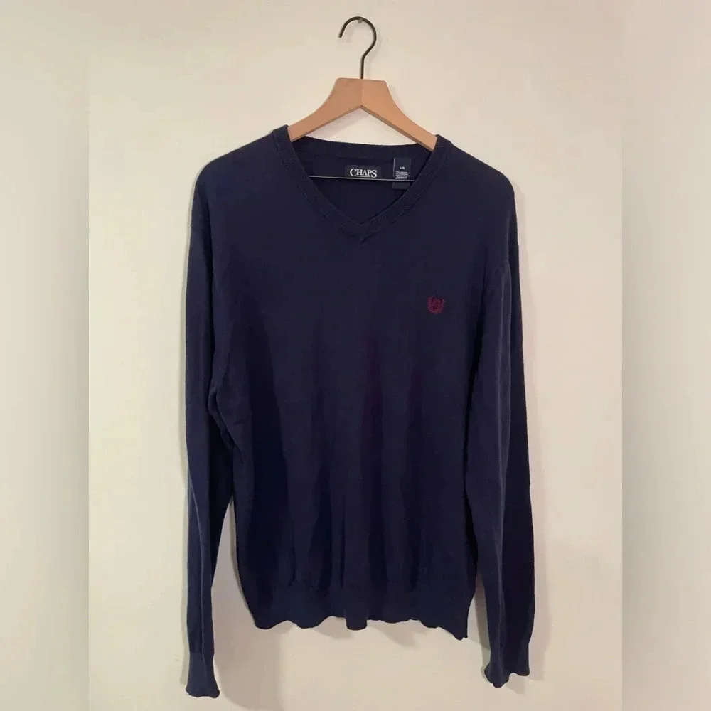 Chaps Cotton/Cashmere Blend Men’s V-Neck Navy Sweater, Large, EUC